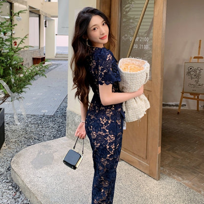 LOVECCR  Early Spring New Women's Clothing Water Soluble Lace Dark Blue Large Lapel High Waist Slimming Dress Long Dress Evening Dress