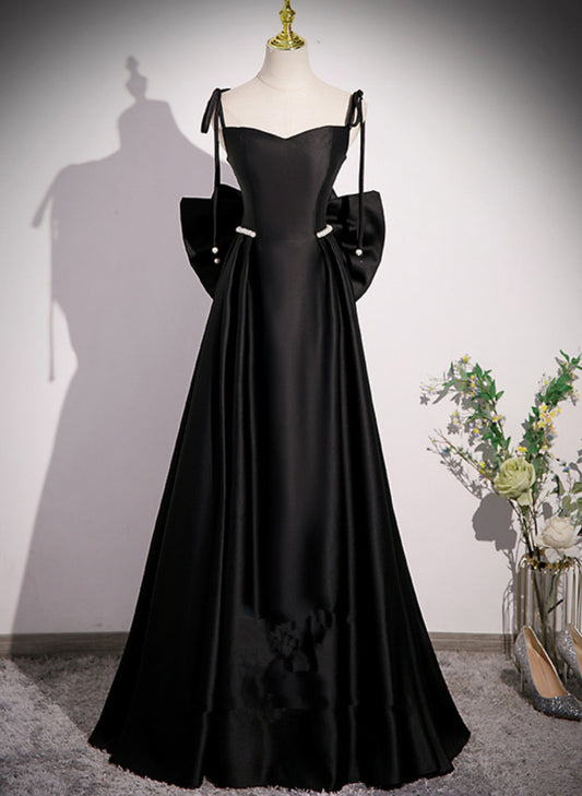 LOVECCRBlack Satin Sweetheart Long Prom Dress with Bow, Black Long Evening Dress