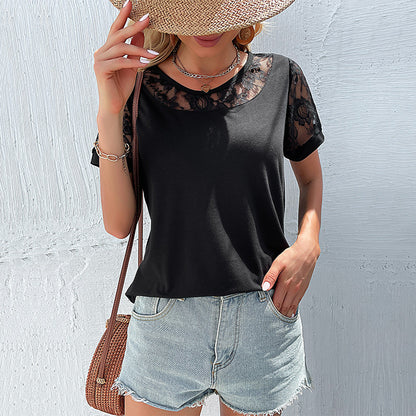 LOVECCR New new product popular summer 2025 women's clothing lace hollow splicing top short-sleeved t-shirt