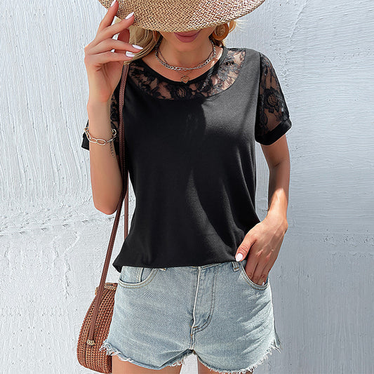 LOVECCR New new product popular summer 2025 women's clothing lace hollow splicing top short-sleeved t-shirt