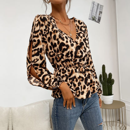 LOVECCR New spring and summer new 2025 women's clothing hollow long-sleeved leopard print v-neck waist pullover long-sleeved shirt