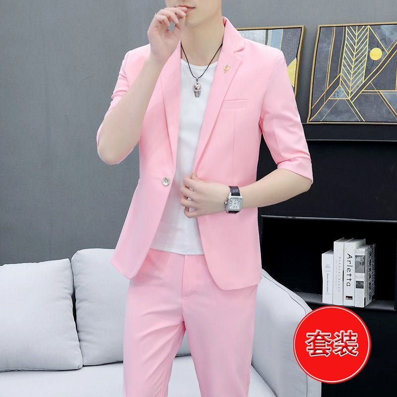 LOVECCR   Suit Men's One Suit Matching Summer Korean Style Trendy Fashion Dress 3/4 Sleeve Non-Ironing Casual Small Suit