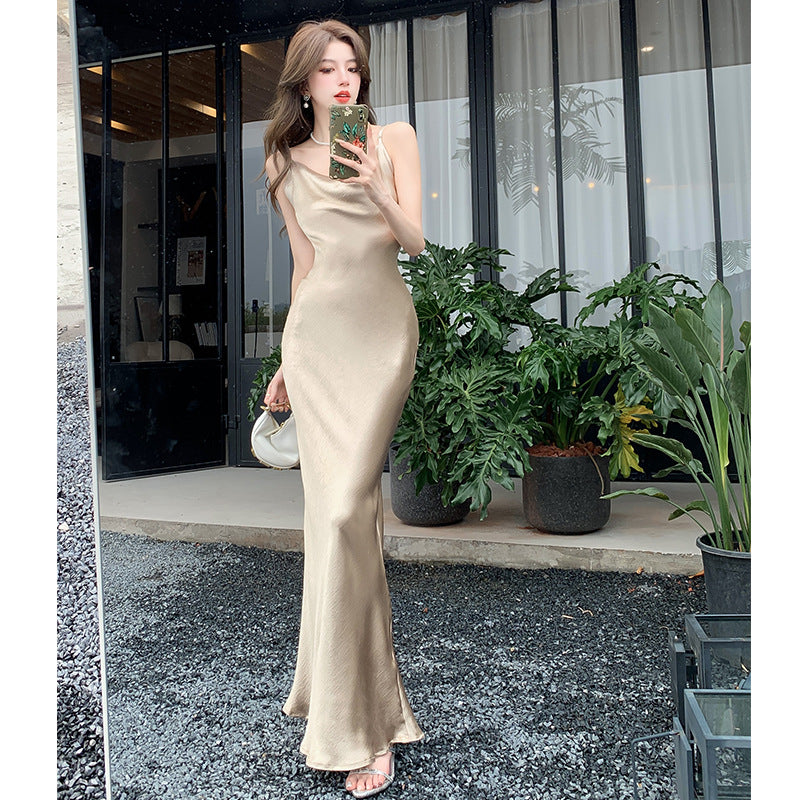 LOVECCR  Champagne Satin Sling Dress Women's Summer Light Luxury Banquet Swing Collar Evening Dress High-Grade Beauty Back Hip Skirt