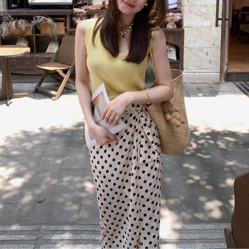 Fashionable Elegant Women's New Summer Clothes Matching Set of Age-Reducing Beautiful Western Style Yellow with Polka Dots Dress Suit