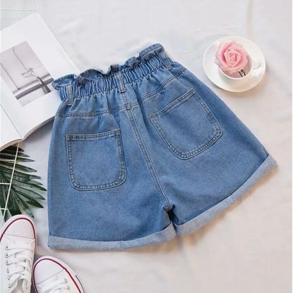 Denim Shorts Women's Summer Korean Style Elastic Waistband Straight Loose Slimming and All-Matching High Waist Curl A- line Wide-Leg Hot Pants