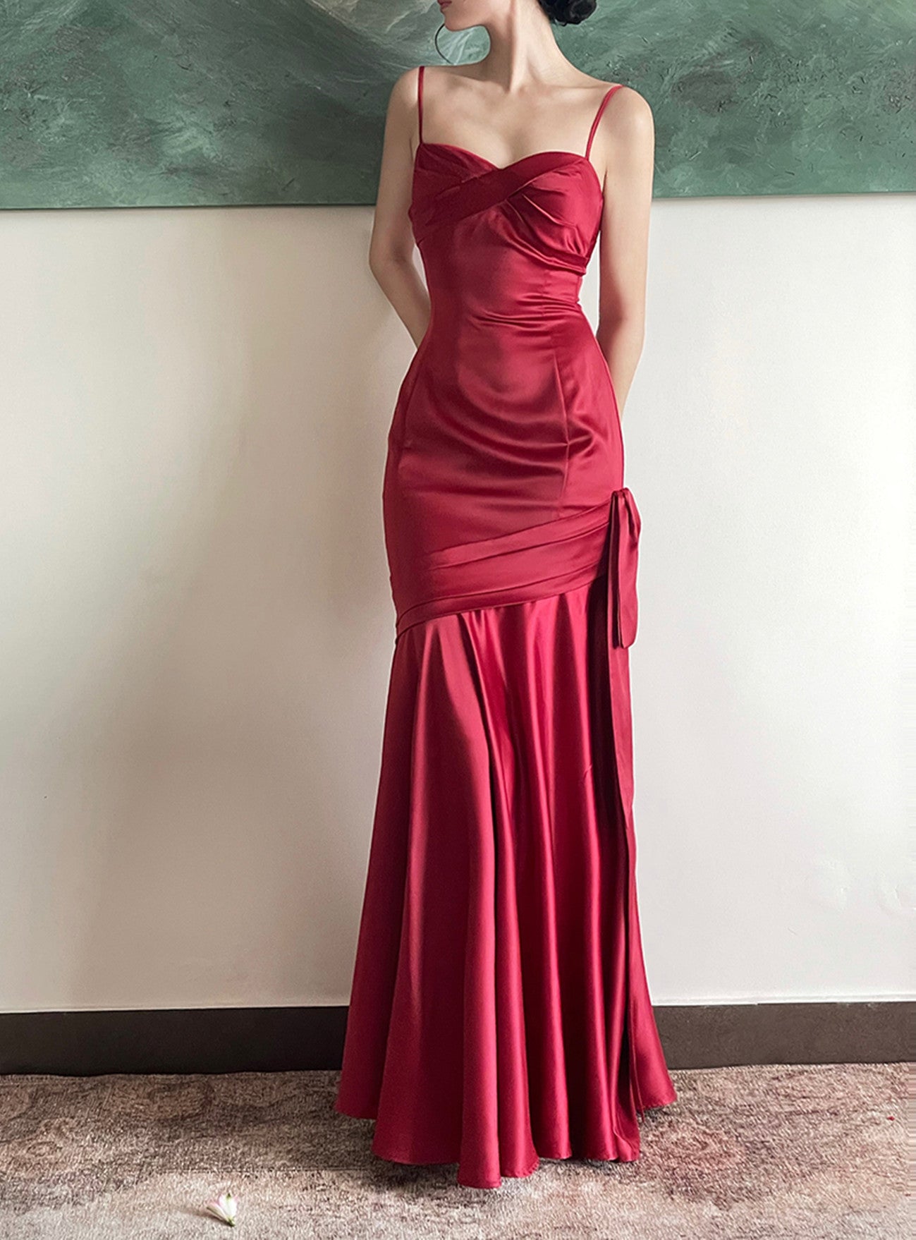 LOVECCRWine Red Satin Sweetheart Straps Prom Dress, Wine Red Long Evening Dress