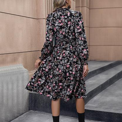 LOVECCR New Hot Trade Tie Skirt Hot Autumn New 2025  Long Sleeve Floral Dress