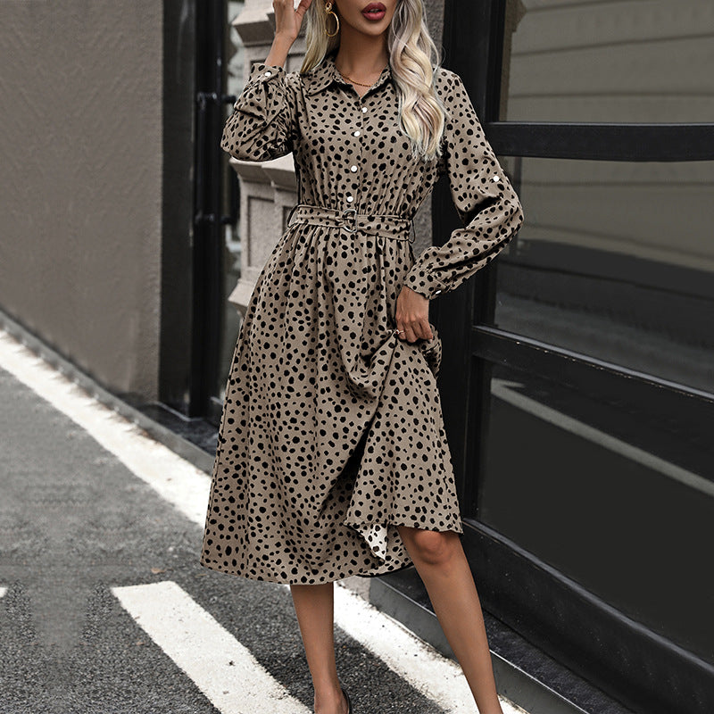 LOVECCR 2025  new dress lapel button temperament dress polka dot long dress high waist women's dress with belt