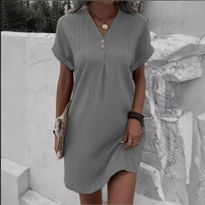 LOVECCR Cross-Border European and American Women's Clothing  New  Hot Sale V-neck Solid Color Pullover Leisure Button Dress in Stock