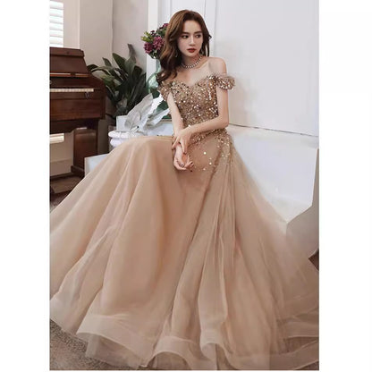 LOVECCR  New Banquet Evening Dress Women's Heavy Industry Long off-Shoulder Elegant Socialite Annual Meeting Host Dress