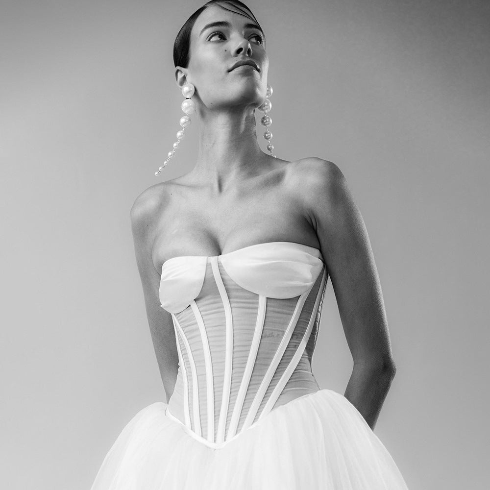 LOVECCR 2025 Express new white tube top dress elegant mesh see-through wedding dress long fishbone tutu