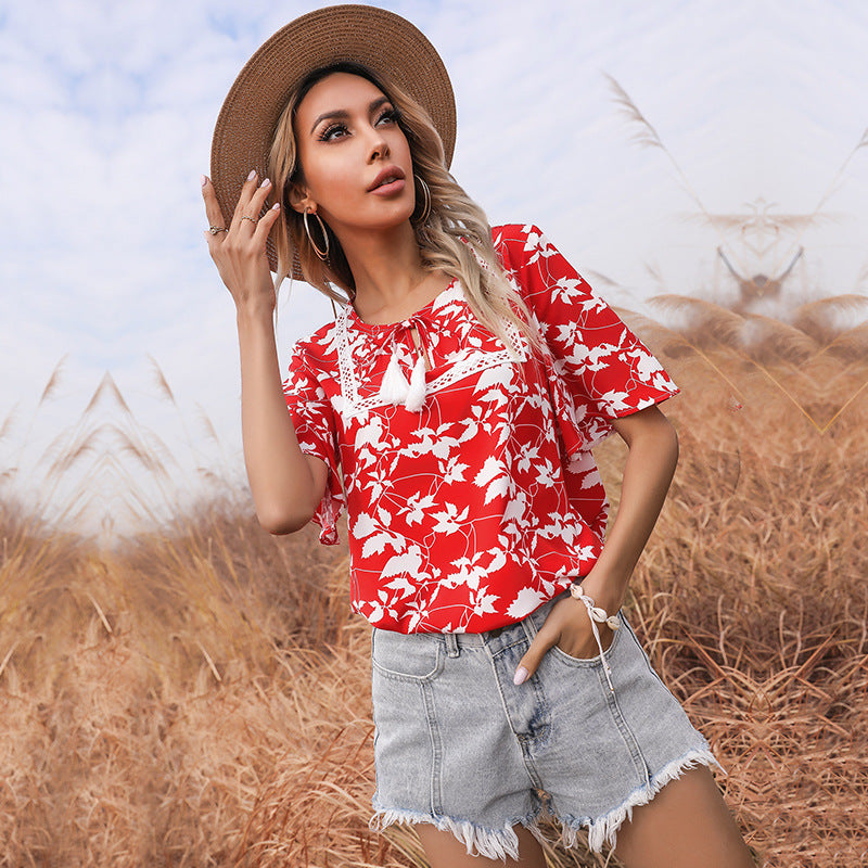 LOVECCR New new loose-print lace-up short-sleeved lace splicing 2025 tops, red shirts, women's summer