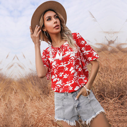 LOVECCR New new loose-print lace-up short-sleeved lace splicing 2025 tops, red shirts, women's summer