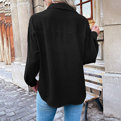 LOVECCR   Hot autumn new foreign trade 2025 cardigan shirt lapel pocket casual commuter shirt women