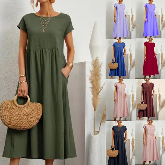 ebay European and American Solid Color Sleeveless Loose Cotton Linen Pocket Dress in Stock