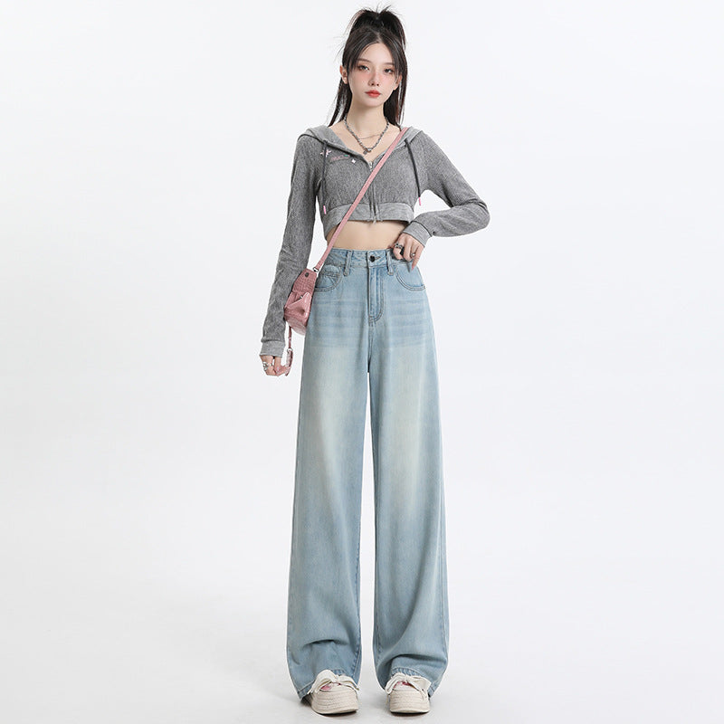 Women's Wide-Leg Jeans 2024 Spring New High Waist Slimming Narrow Straight Small Draping Mop Jeans