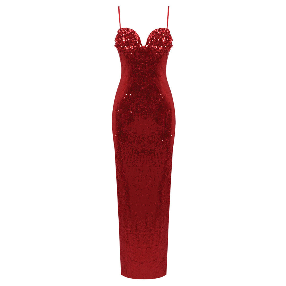 LOVECCR 2023 new red sequined suspender dress high-end 2025 women's clothing fashion long Christmas slim base