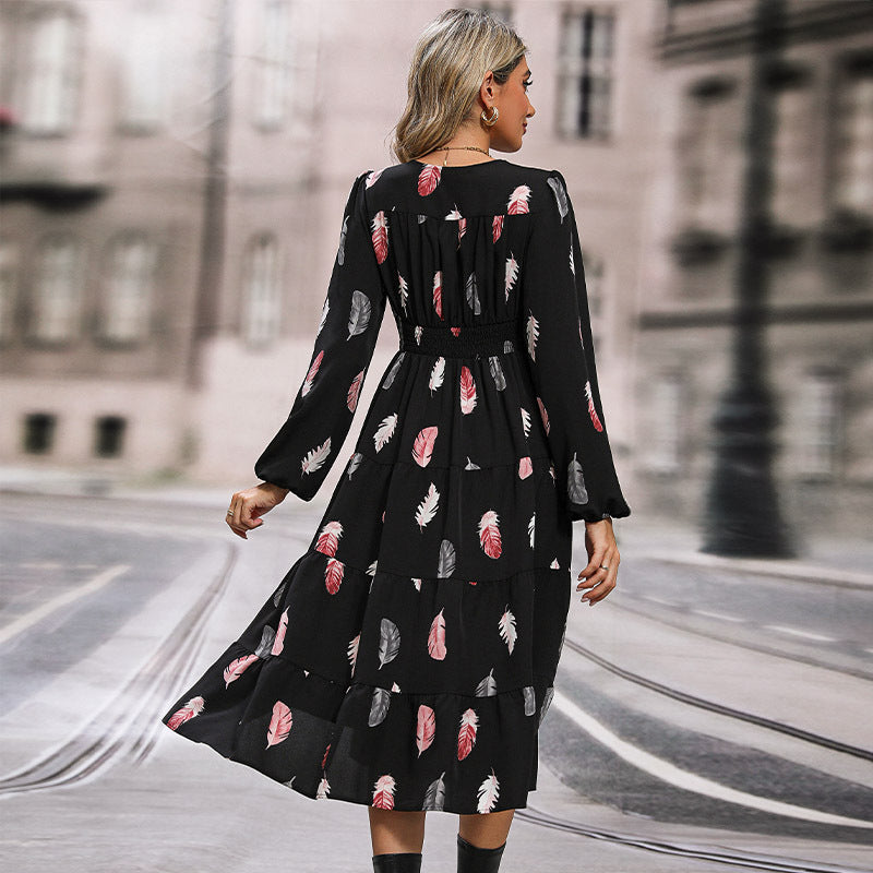 LOVECCR New Hot Trade Skirt Hot Autumn and Winter New 2025 Women's  Long Sleeve Printed Dress