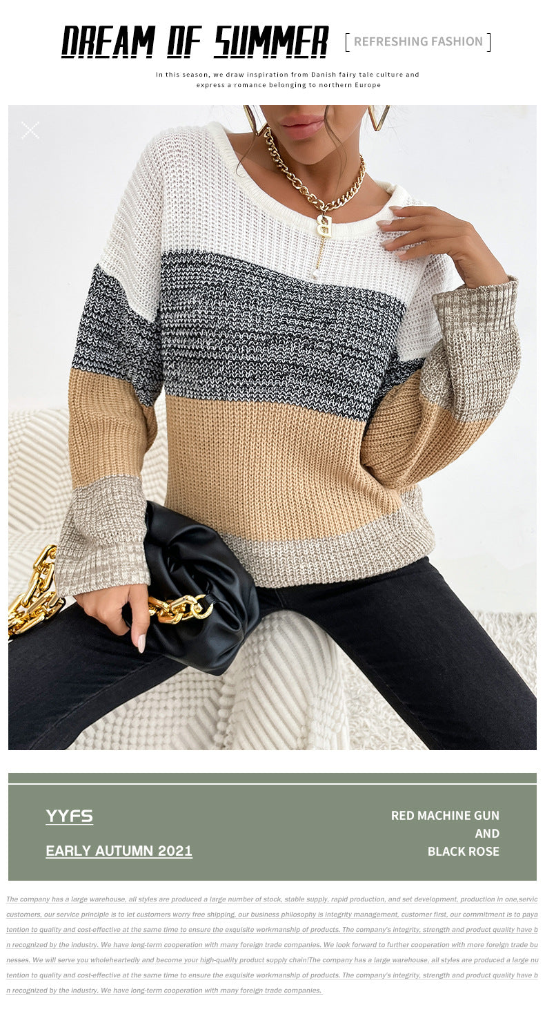 LOVECCR New  Hot Trade popular Autumn and Winter New Crew Neck Long Sleeve Knitted Striped Contrast Sweater Pullover