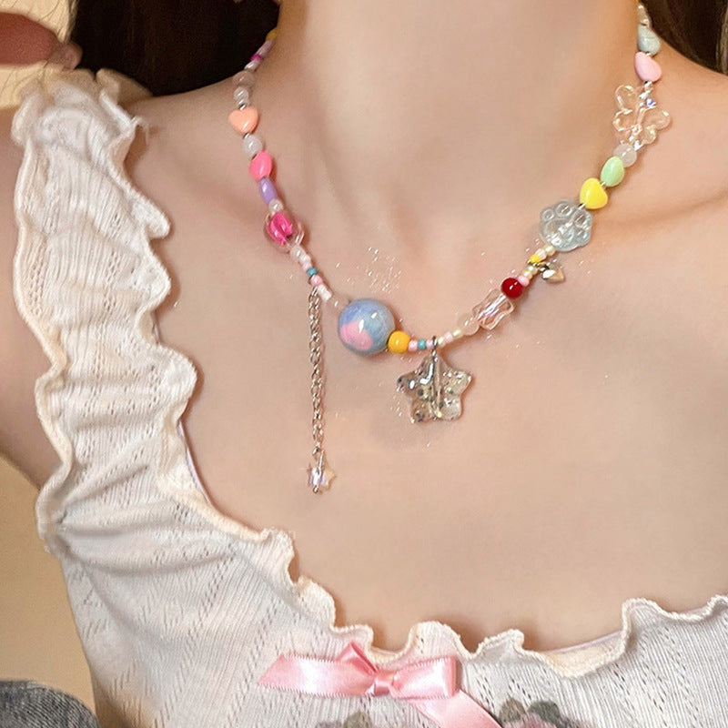 LOVECCR INS Dopamine Color Beaded Necklace  New Fashion All-Match Special-Interest Design High Sense Necklace