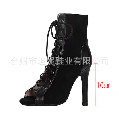 loveccr  HOTan and NEWn Lace-up Sandal Boots Women's  Summer Hollow-out Ankle Boots Stiletto Heel Dancing Shoes plus Size Open Toe Sandals