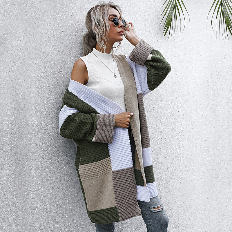 LOVECCR Hot new autumn and winter fashion color matching knitted sweater medium and long 2025 lazy style   trade cardigan jacket women