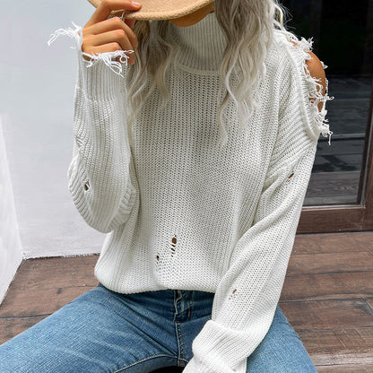 LOVECCR New Korean version of women's clothing popular new autumn and winter 2025 fashion shabby hollow off-the-shoulder turtleneck sweater