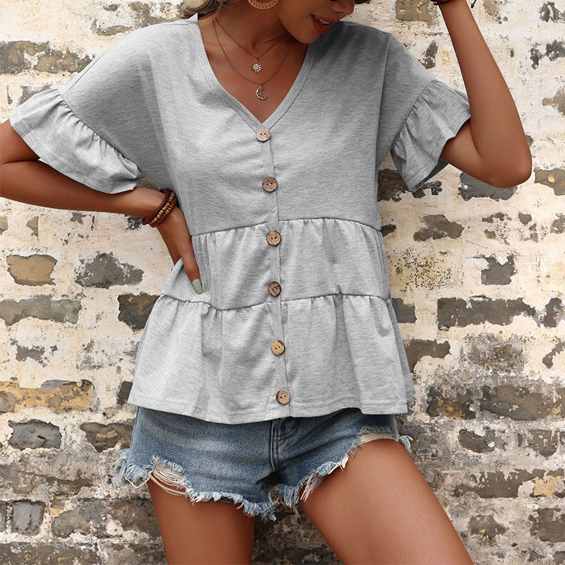 LOVECCR New Cross-border popular New Summer Loose V-Neck Top Ruffle Edge Pullover Short Sleeve T-Shirt Women's Summer