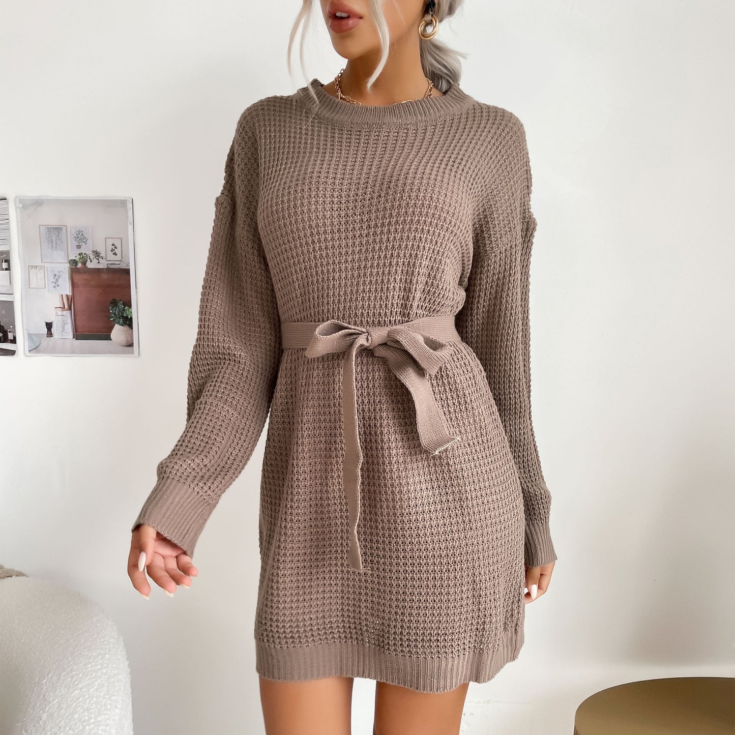 LOVECCR New  popular New 2025 Autumn and Winter Sweater Women's Lace-up Solid Color Long Sleeve Sweater Skirt