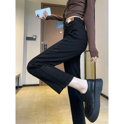 Black Straight Jeans for Women Spring and Autumn 2024 New Korean Style High Waist Slimming Slit Ankle-Length Cigarette Pants