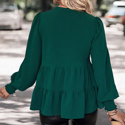 LOVECCR   Hot new women's shirt ruffle edge top V-neck shirt autumn popular solid color women