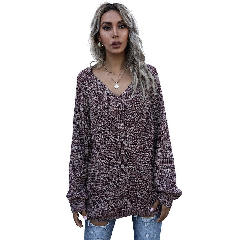 LOVECCR popular autumn new V-neck pullover long-sleeved loose and versatile casual lazy wind knitted sweater New explosion