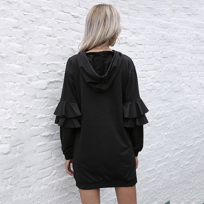 LOVECCR popular new long-sleeved pullover hooded skirt Popular trade women's clothing  New ruffle edge splicing hooded dress