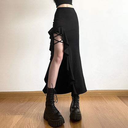 LOVECCR 2025 style sexy babes wear irregular fungus edge side split black sweet cool medium and long skirt in summer