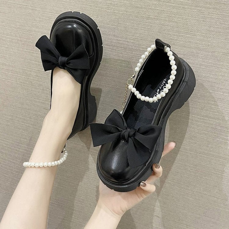 loveccr  Style Mary Jane Shoes Women's  Spring and Autumn New Pearl Bow Girls' Pumps Chunky Heel Fairy Style Loafers