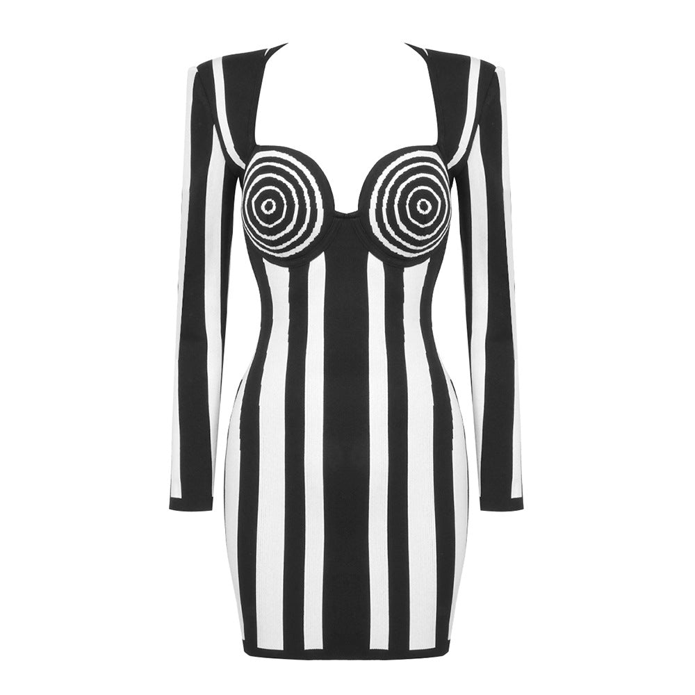 LOVECCR Cross-border Popular trade new products  popular black and white vertical stripe bandage dress 2025 high street hip dress dress