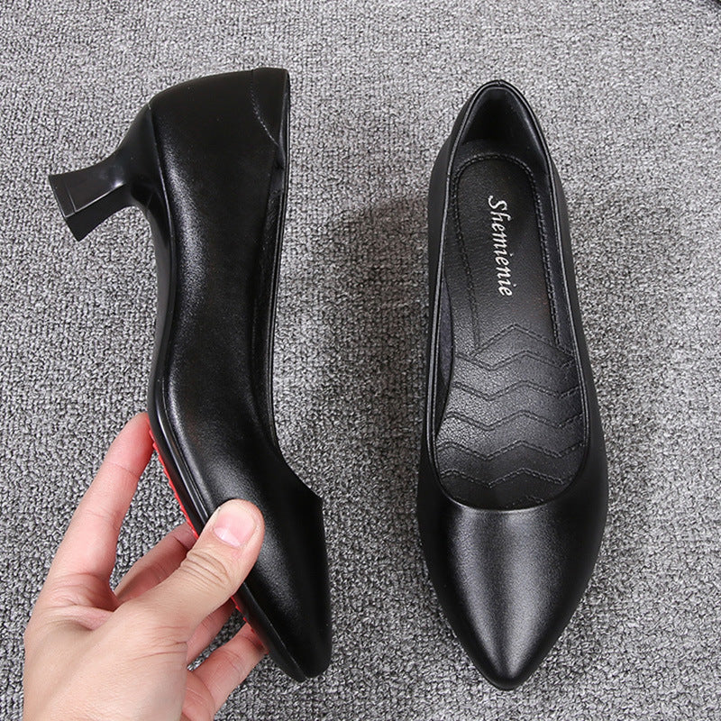 loveccr  Genuine Leather Stewardess Work Shoes Women's Black Leather Shoes Small Heel Professional Business Workwear Formal Wear Mid-Heel High Heel Interview Women's Shoes