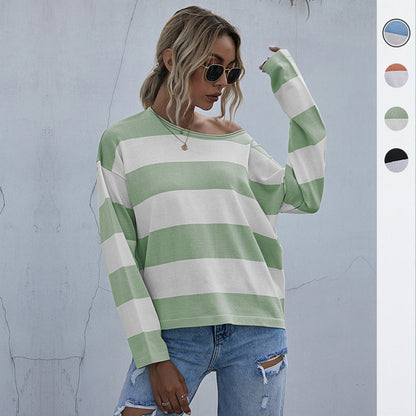 LOVECCR popular autumn  independent station New 2025 fashion women's clothing crew neck Korean long-sleeved striped knitted sweater