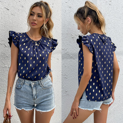 LOVECCR Spot New women's clothing popular summer new design top short-sleeved round neck lotus leaf flying sleeve polka dot shirt