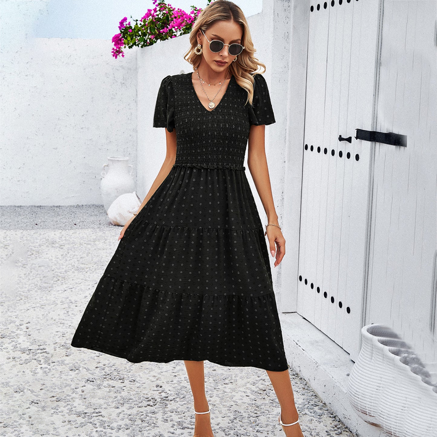 Diyun Cross-Border Women's Clothing  Temu Spring/Summer Foreign Trade Temperament Leisure Solid Color and V-neck Short Sleeve Dress