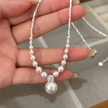 S925 Sterling Silver Small Pieces of Silver Shijia Pearl Necklace Women's All-Match Clavicle Chain Sweater Chain Jewelry Wholesale  New