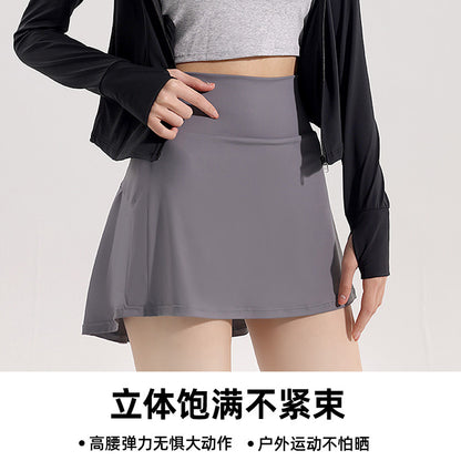 Lulu Same Style Skirt Nylon High Elastic Ice Silk Tennis Skirt Thin Breathable Yoga Anti-Exposure Sports Skirt Women