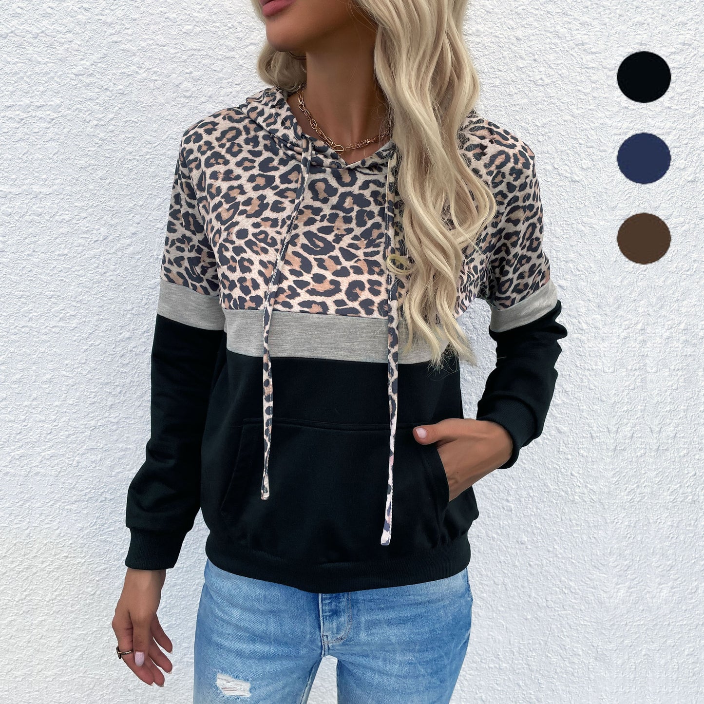 LOVECCR popular independent station popular New Popular trade autumn new women's clothing hooded splicing leopard print sweater casual hoodie