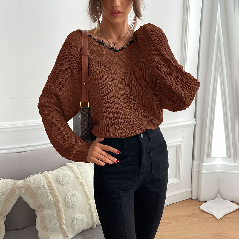 LOVECCR New explosion autumn and winter popular new splicing lace jumper V-neck commuter wind knitted sweater women