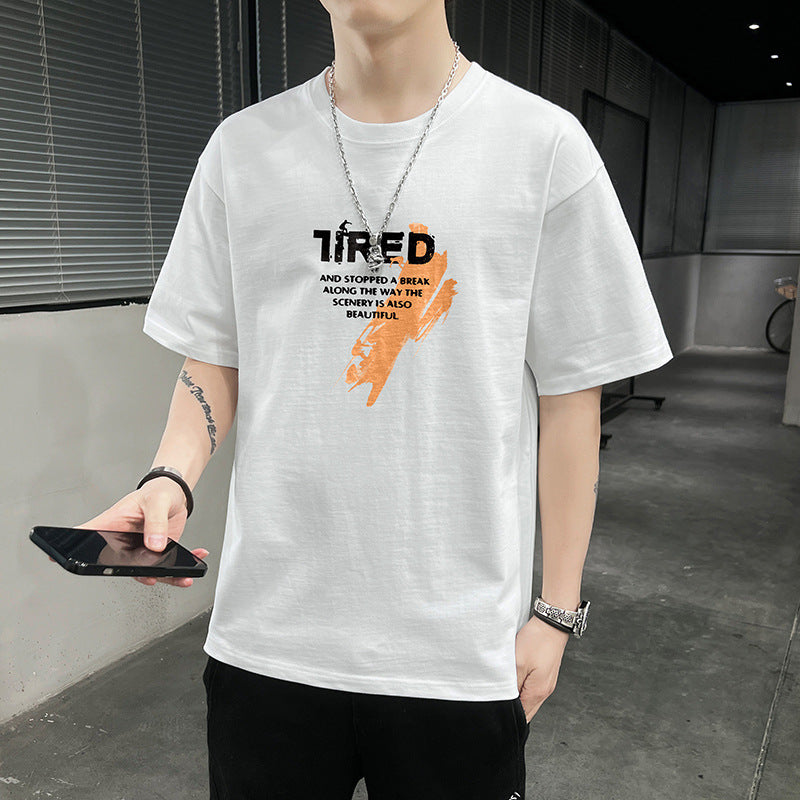 New Men's Short Sleeve T-shirt Men's New Student Cotton T-shirt Summer round Neck Half Sleeve Youth Undershirt Ins Fashion Brand