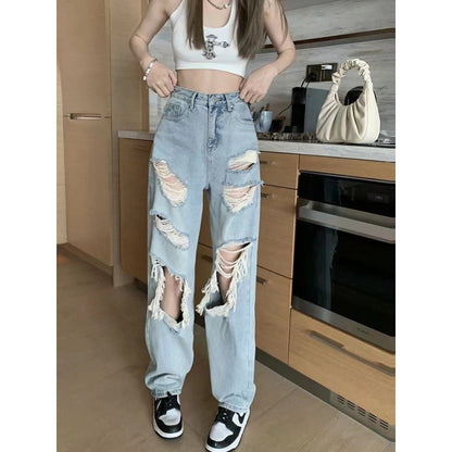 WS Fashion Big Ripped Straight Jeans Women's Summer New Slimming High Waist Exposed Knee Street Beggar Wide Leg Long