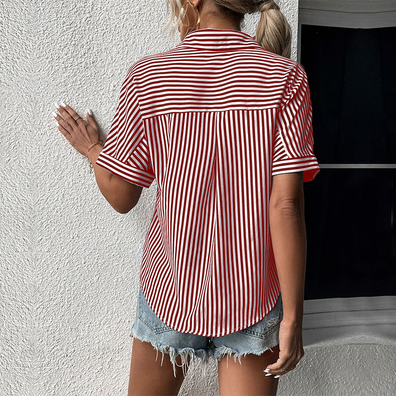 LOVECCR New Cross-border popular Summer New 2025 Design Women's Clothing Short Sleeve Lapel Striped Shirt Women