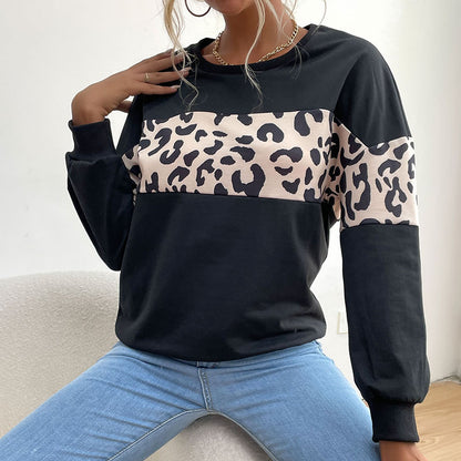 LOVECCR  Popular trade autumn new popular 2025 women's clothing round neck sleeve splicing leopard print sweater