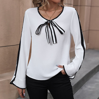 LOVECCR Europe, America and foreign trade Hot autumn women's top  lace-up bow shirt black and white contrasting color women's shirt