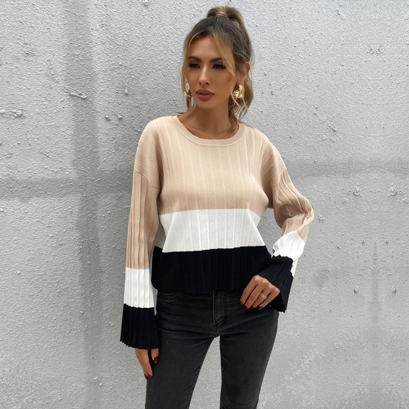 LOVECCR  Popular trade women's clothing popular autumn and winter new 2025 color matching round neck long sleeve knitted pullover pit strip sweater women